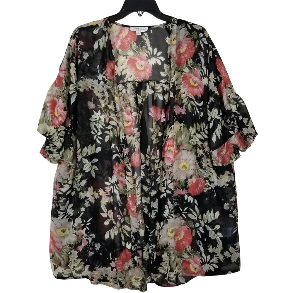 Umgee Womens XL‎ Floral Chiffon Kimono Open Front Ruffle Sleeve Cardigan WA6546